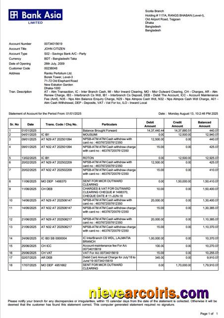 Bangladesh Bank Asia account statement Word and PDF
